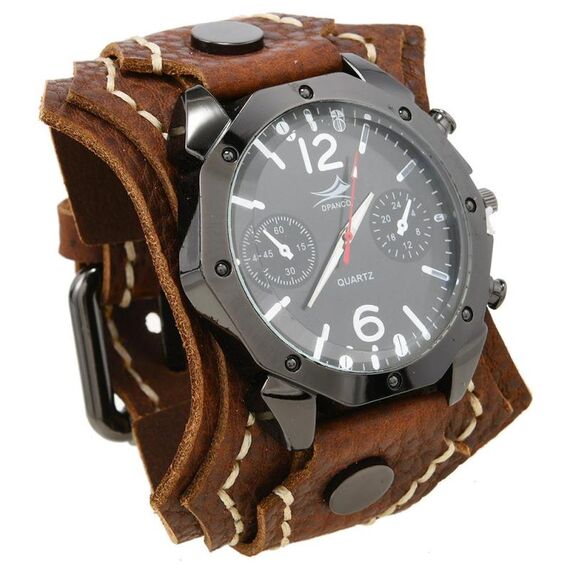 DPANCO W01477 Orologio da polso vintage da uomo con cinturino in pelle multistrato cucito a mano, stile punk rock (marrone)