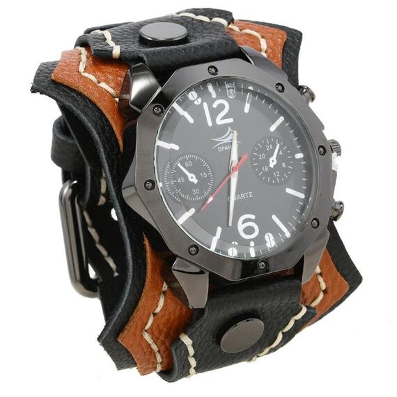 DPANCO W01477 Orologio da polso vintage multistrato in pelle cucito a mano per uomo, accessorio da polso con catena punk rock (nero + marrone chiaro)