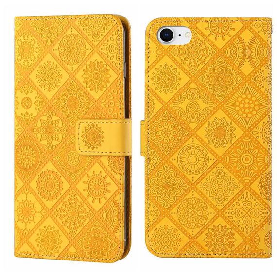 Custodia in pelle con motivo in rilievo in stile etnico per iPhone 16e (giallo)