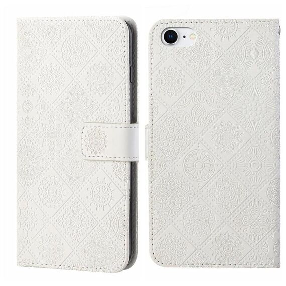 Custodia in pelle con motivo in rilievo in stile etnico per iPhone 16e (bianca)
