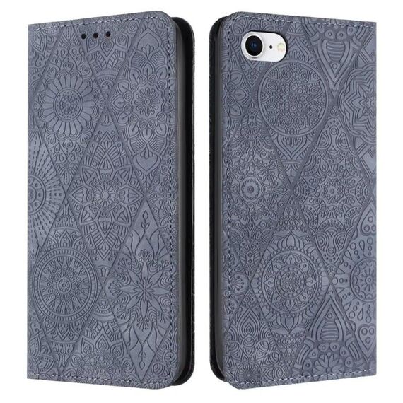Custodia per iPhone 16e in pelle con stampa etnica ad assorbimento (grigio)