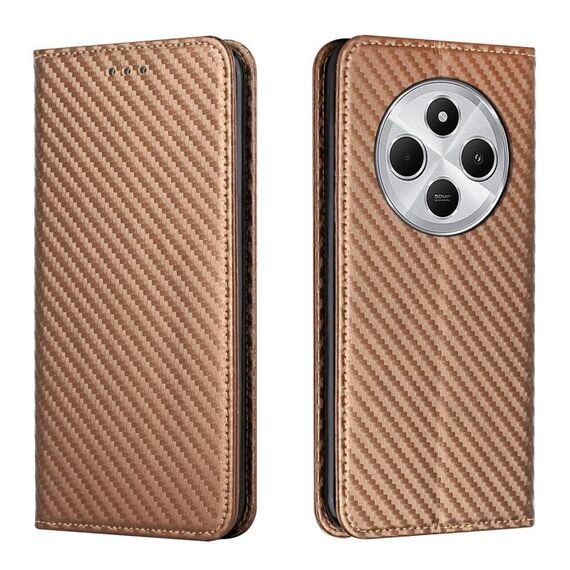 Custodia a libro magnetica in pelle con texture in fibra di carbonio per Redmi A4 5G (marrone)