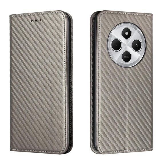 Custodia a libro magnetica in pelle con texture in fibra di carbonio per Redmi A4 5G (grigio)