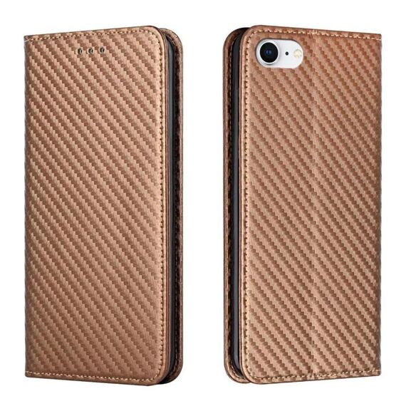 Custodia per iPhone 16e in pelle con texture in fibra di carbonio e chiusura magnetica (marrone)