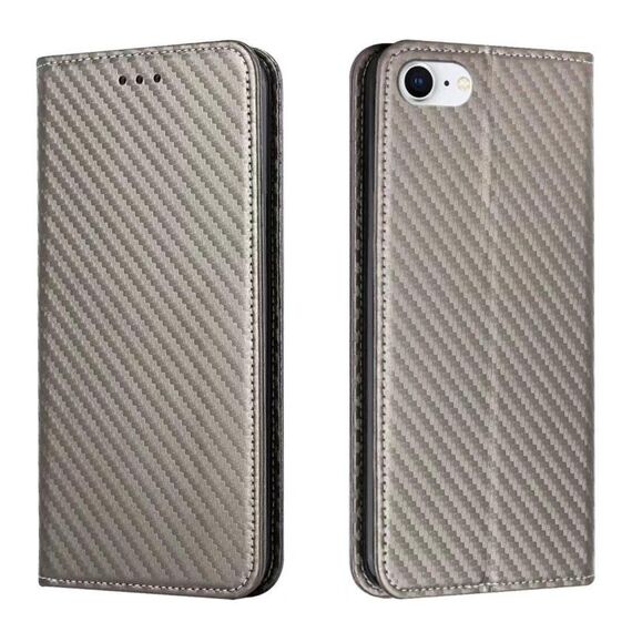 Custodia per iPhone 16e in pelle con texture in fibra di carbonio e chiusura magnetica (grigio)