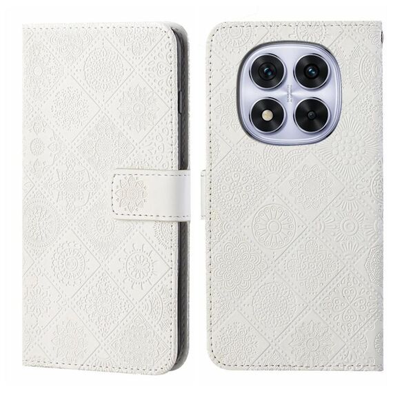 Custodia in pelle con motivo in rilievo in stile etnico per Redmi Note 14 Pro 4G (bianca)