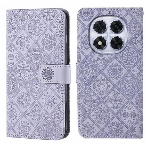 Custodia in pelle con motivo in rilievo in stile etnico per Redmi Note 14 Pro 4G (viola)