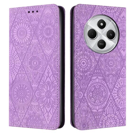 Custodia in pelle adsorbimento con motivo etnico in rilievo per Redmi A4 5G (viola)