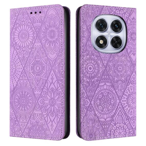 Custodia in pelle con motivo etnico in rilievo per Redmi Note 14 Pro 4G (viola)