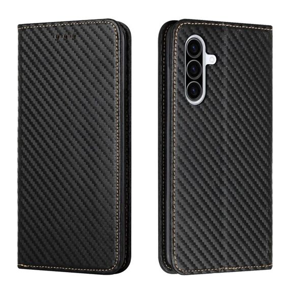 Custodia a libro magnetica in pelle con texture in fibra di carbonio per Samsung Galaxy A56 5G (nera)