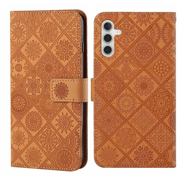 Custodia in pelle con motivo in rilievo in stile etnico per Samsung Galaxy A56 5G (marrone)