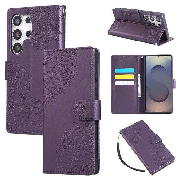 Custodia in pelle con 3 slot per carte di credito e motivo a fiori di rosa per Samsung Galaxy S25 Ultra 5G (viola scuro)