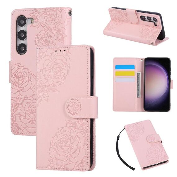 Custodia in pelle con 3 slot per carte di credito e motivo a fiori di rosa per Samsung Galaxy S23 5G (rosa)