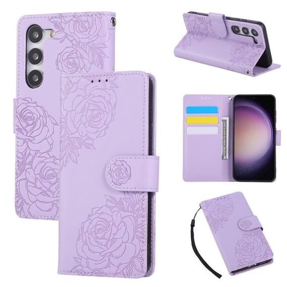 Custodia in pelle con 3 slot per carte di credito e motivo a fiori di rosa per Samsung Galaxy S23 5G (viola)