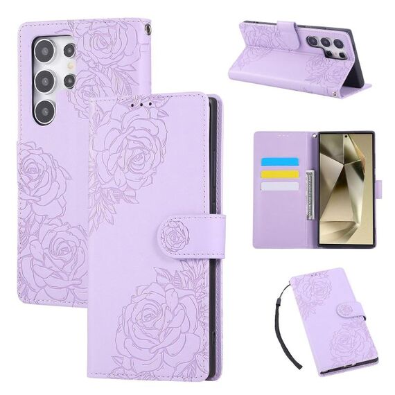 Custodia in pelle con 3 slot per carte di credito e motivo a fiori di rosa per Samsung Galaxy S24 Ultra 5G (viola)