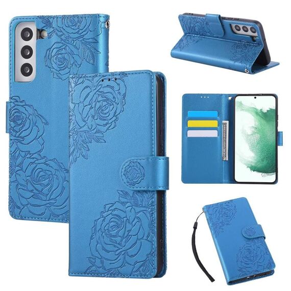 Custodia in pelle con 3 slot per carte di credito e motivo a fiori di rosa per Samsung Galaxy S22+ 5G (blu)