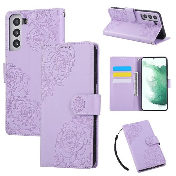 Custodia in pelle con 3 slot per carte di credito e motivo a fiori di rosa per Samsung Galaxy S22+ 5G (viola)