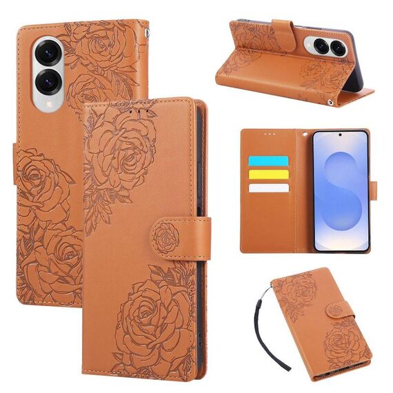 Custodia in pelle con 3 slot per carte di credito e motivo a fiori di rosa per Samsung Galaxy S25 Edge 5G (marrone)