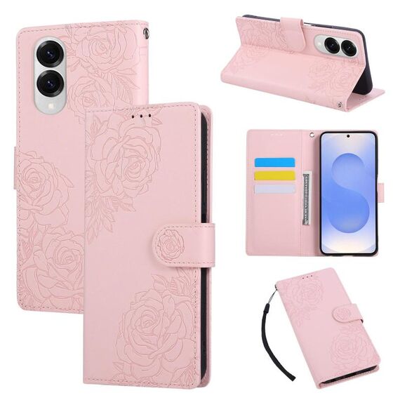 Custodia in pelle con 3 slot per carte di credito e motivo a fiori di rosa per Samsung Galaxy S25 Edge 5G (rosa)