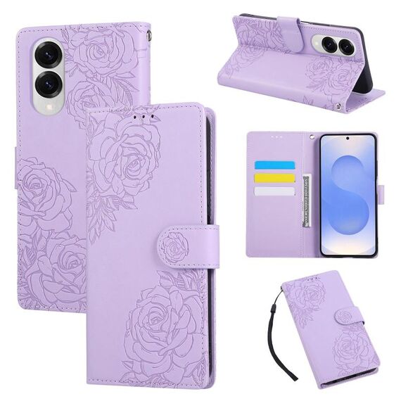 Custodia in pelle con 3 slot per carte di credito e motivo a fiori di rosa per Samsung Galaxy S25 Edge 5G (viola)