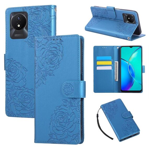Custodia in pelle con 3 slot per carte di credito e motivo a fiori di rosa per vivo Y02 / Y11 2023 / Y02A (blu)