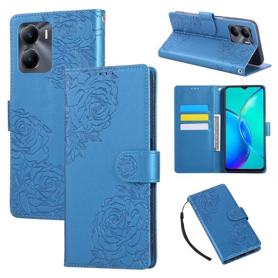 Custodia in pelle con 3 slot per carte di credito e motivo a rose in rilievo per vivo Y56 5G (blu)