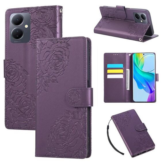Custodia in pelle con 3 slot per carte di credito e motivo a rose in rilievo per vivo Y78 5G (viola scuro)