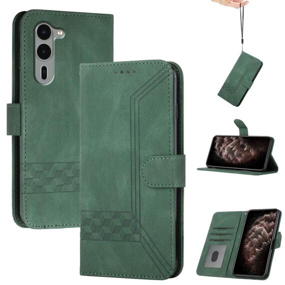 Custodia a libro in pelle con effetto pelle cubica per Fujitsu Arrows We2 Plus (verde)