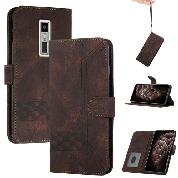 Custodia a libro in pelle con effetto pelle cubica per Kyocera Urbano V04 KYV45 (marrone)