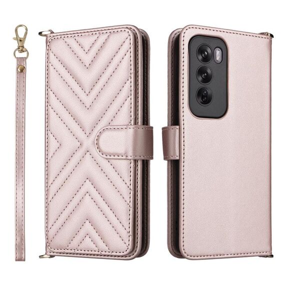 Custodia in pelle multifunzionale con 6 slot per schede per OPPO Reno12 Pro 5G, con cinturino da polso (rosa)