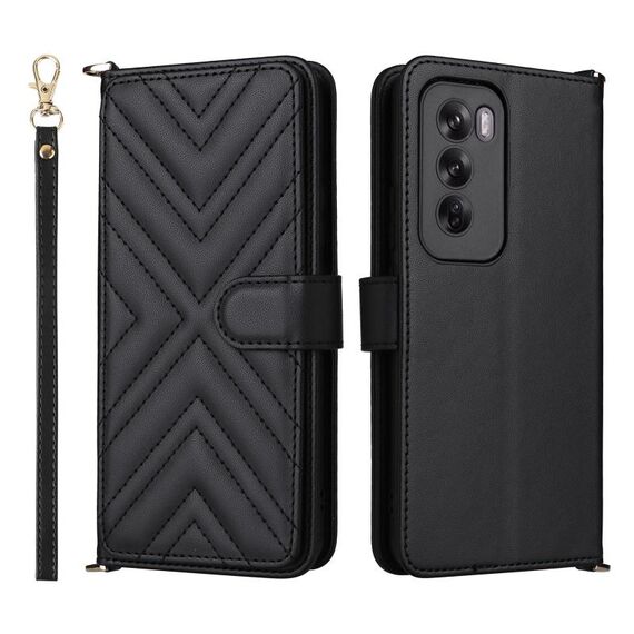 Custodia in pelle multifunzionale con 6 slot per schede per OPPO Reno12 Pro 5G, con cinturino da polso (nero)