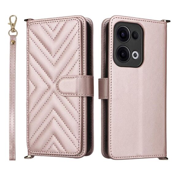 Custodia in pelle multifunzionale con 6 slot per schede per OPPO Reno13 5G, con cinturino da polso (rosa)