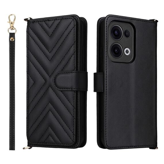 Custodia in pelle multifunzionale con 6 slot per schede per OPPO Reno13 5G, con cinturino da polso (nero)