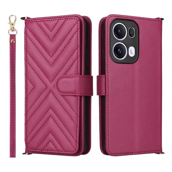 Custodia in pelle multifunzionale con 6 slot per schede per OPPO Reno13 Pro 5G, con cinturino da polso (rosso rosa)