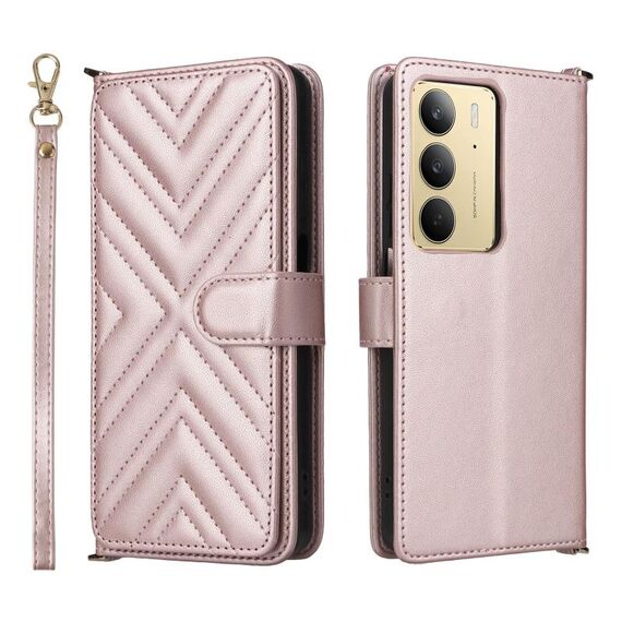 Custodia in pelle multifunzione con 6 slot per schede per Realme 14x 5G / C75 4G / V60 Pro 5G con cinturino da polso (rosa)