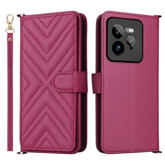 Custodia in pelle multifunzionale con 6 slot per carte per Realme GT 7 Pro e cinturino da polso (rosso rosa)