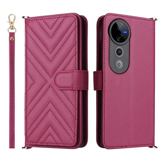 Custodia in pelle multifunzionale con 6 slot per schede per vivo S19 Pro 5G / V40 5G e cinturino da polso (rosso rosa)