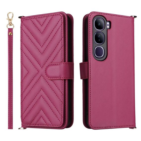 Custodia in pelle multifunzionale con 6 slot per schede per vivo V40 Lite 4G / 5G IDN / Y300 5G con cinturino da polso (rosso rosa)