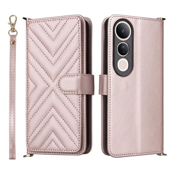 Custodia in pelle multifunzionale con 6 slot per schede per vivo V50 Lite 5G e cinturino da polso (rosa)
