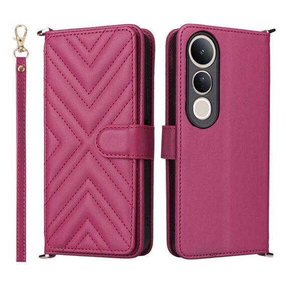 Custodia in pelle multifunzionale con 6 slot per schede per vivo V50 Lite 5G e cinturino da polso (rosso rosa)