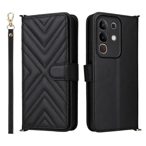 Custodia in pelle multifunzionale con 6 slot per schede per vivo Y29 4G / T4x 5G e cinturino da polso (nero)