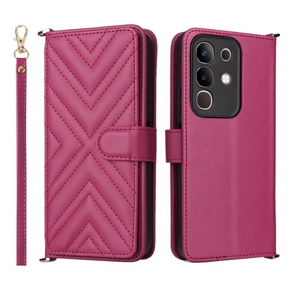 Custodia in pelle multifunzionale con 6 slot per schede per vivo Y29 4G / T4x 5G e cinturino da polso (rosso rosa)