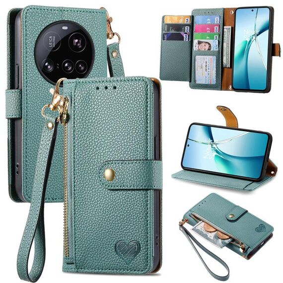 Custodia in pelle con laccetto e cerniera per Xiaomi 15 Ultra Love (verde)