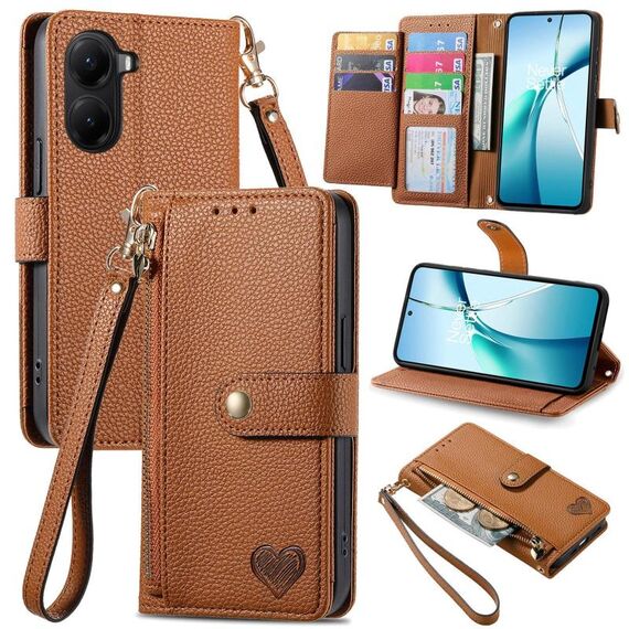 Custodia in pelle con laccetto Love Zipper per Redmi Turbo 4 (marrone)