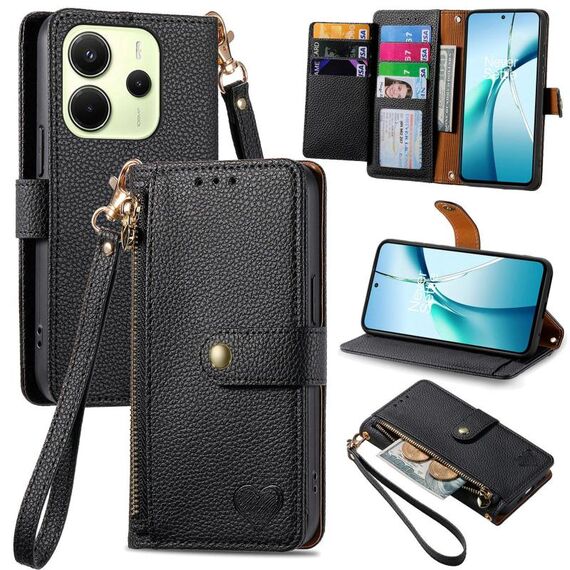 Custodia in pelle con laccetto Love Zipper per Redmi Note 14 4G da 164,84 mm (nera)