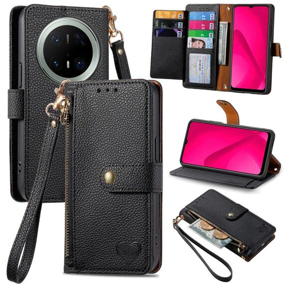 Custodia in pelle con laccetto Love Zipper per Huawei Mate 70 Pro+ (nera)