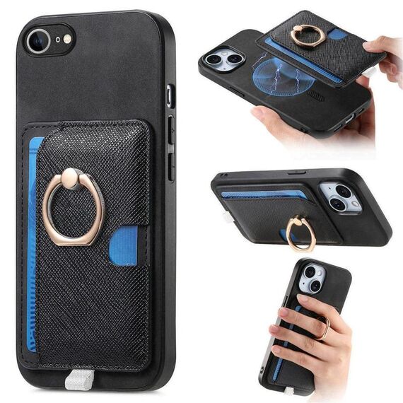 Custodia per iPhone 16e con inserto laterale in pelle con anello a croce retrò e tasca porta carte MagSafe (nera)