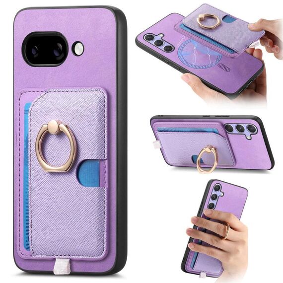 Custodia per telefono con inserto laterale in pelle con anello a croce retrò per Google Pixel 9a, MagSafe (viola)