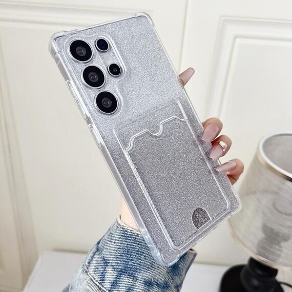 Custodia in TPU con placcatura glitter sfumata per Samsung Galaxy S22 Ultra 5G e slot per schede (trasparente)