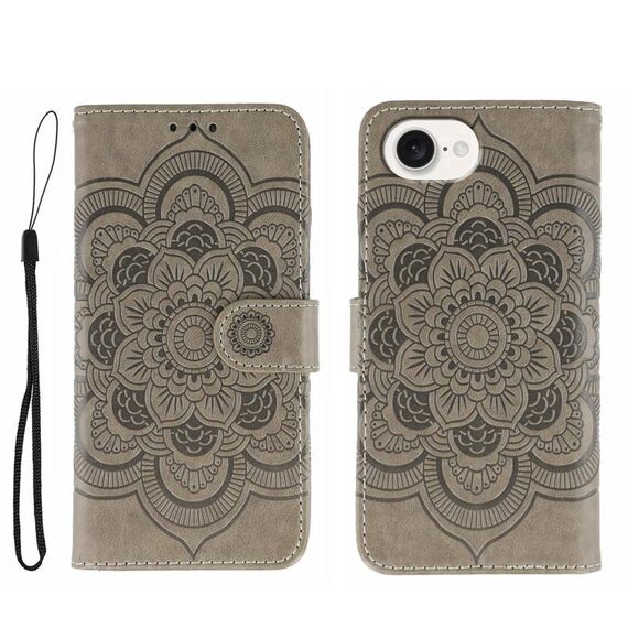 Custodia in pelle con stampa mandala solare per iPhone 16e (grigio)
